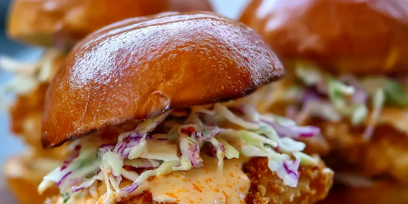 Golden crispy chicken sliders with vibrant orange bang bang sauce, fresh coleslaw, and sesame seeds on toasted brioche buns, arranged on a wooden serving board