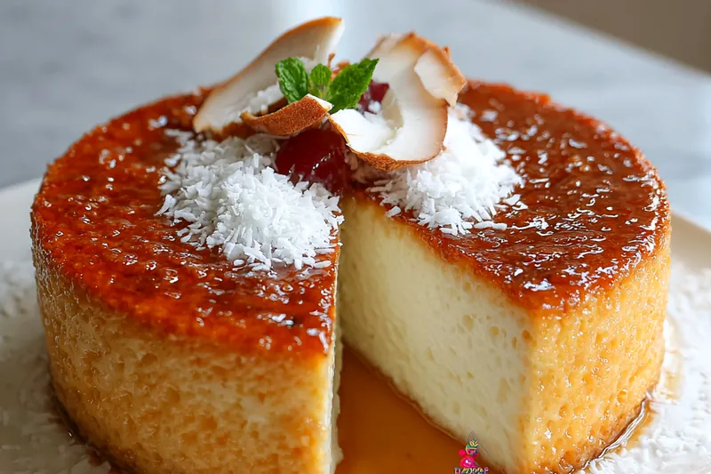Ingredients for Brazilian coconut flan including coconut milk, eggs, sugar, and shredded coconut arranged on a wooden surface