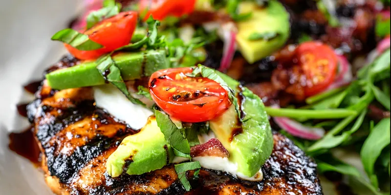 Perfectly grilled chicken breast topped with fresh avocado slices, tomato slices, melted Monterey Jack cheese, and cilantro on a white plate