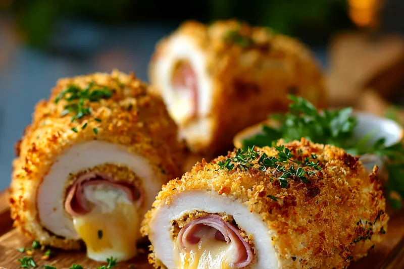 Golden chicken cordon bleu roll-ups browning in a cast iron skillet with butter and oil, showing perfect searing technique