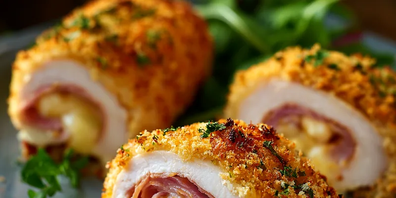 Golden-brown chicken cordon bleu roll-ups sliced to show ham and cheese filling, garnished with fresh parsley on a white plate with wine sauce