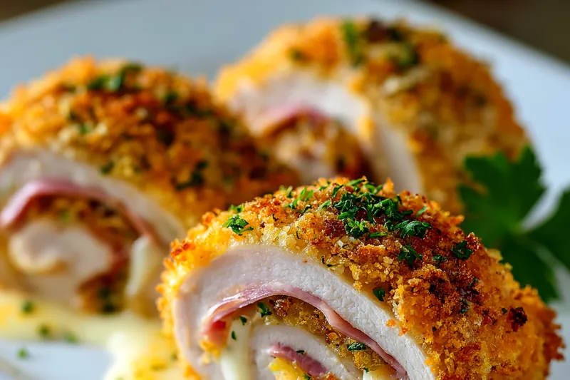 Ingredients for chicken cordon bleu including pounded chicken breasts, ham slices, Swiss cheese, breadcrumbs, and seasonings on a marble counter