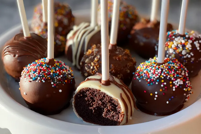 Cake pop being dipped in smooth melted chocolate, showing proper technique with excess chocolate dripping off to create perfect coating
