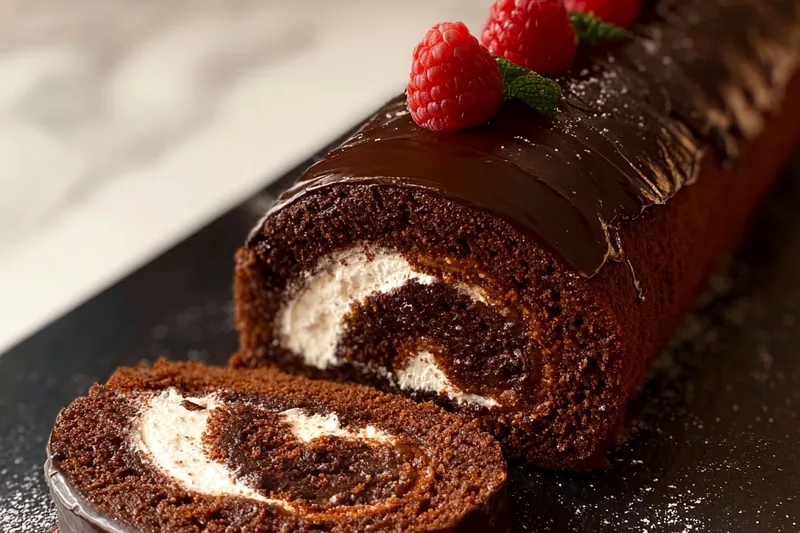 Chocolate sponge cake being rolled in a powdered sugar-dusted kitchen towel, showing the proper technique for creating a cake roll