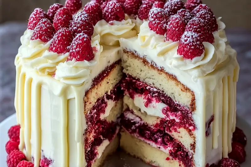 Premium ingredients for chocolate raspberry cake including dark chocolate, fresh raspberries, cream cheese, and butter arranged on marble counter