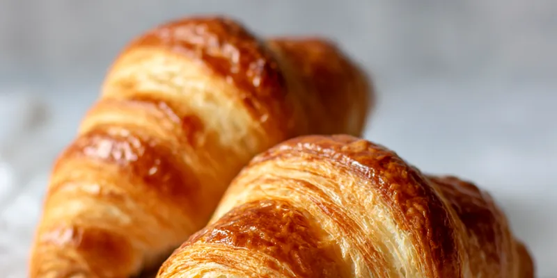 Golden-brown croissants with visible flaky layers and perfect crescent shape, showing the honeycomb interior structure and glossy exterior from egg wash
