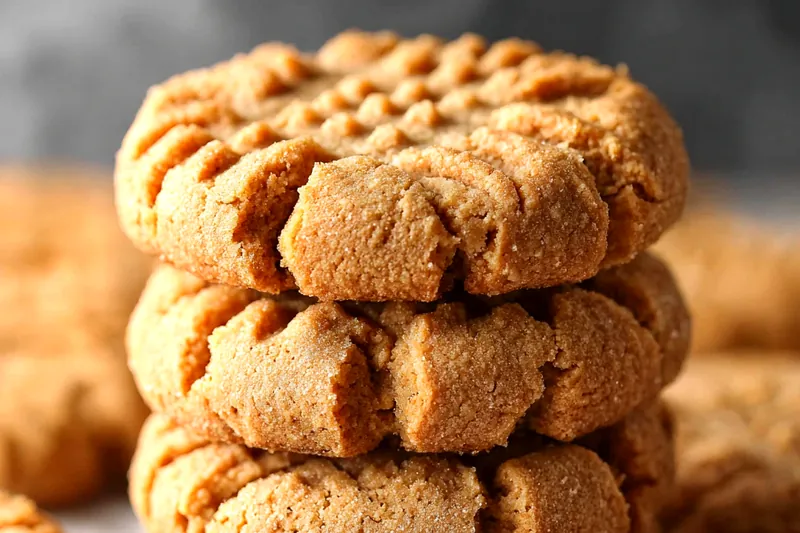Ingredients for peanut butter cookies including creamy peanut butter, butter, sugars, flour, and baking essentials arranged on a kitchen counter