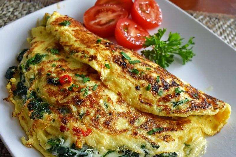 Omelette cooking in a non-stick pan with eggs being gently stirred and spinach and cheese ready to be added as filling