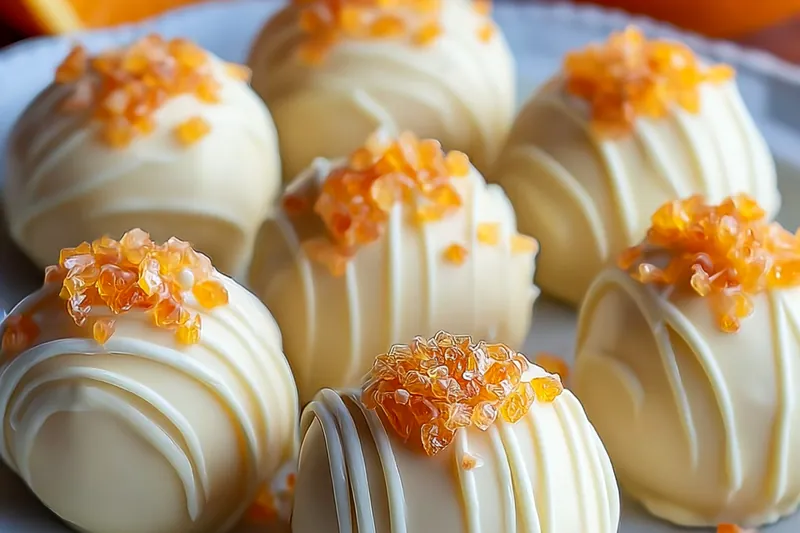 Hands dipping an orange cream truffle ball into melted white chocolate using a fork, showing the smooth coating process