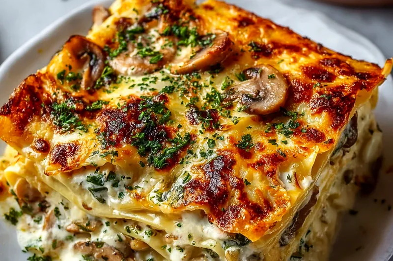 Layers of lasagna being assembled in baking dish, showing mushroom mixture, creamy béchamel sauce, and cheese layers with golden pasta sheets