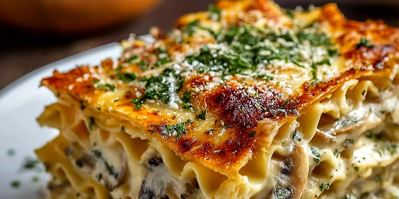 Slice of golden-brown mushroom lasagna showing distinct layers of pasta, creamy mushroom filling, and melted cheese, garnished with fresh herbs on white plate