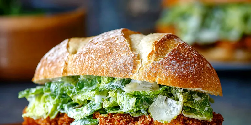 Towering crispy chicken Caesar sandwich on golden brioche bun with thick chicken breast, creamy Caesar dressing dripping, fresh romaine, and Parmesan shavings