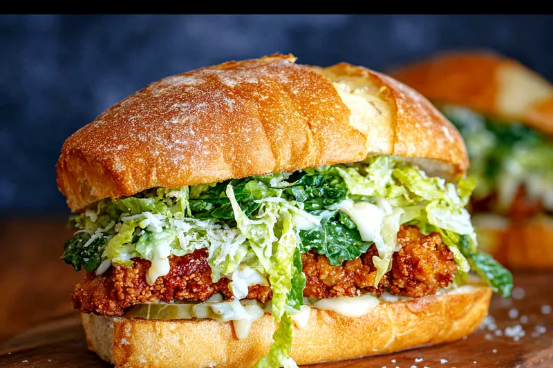 Crispy chicken Caesar sandwich ingredients including raw chicken, buttermilk, flour, fresh romaine, Parmesan, eggs, and brioche buns arranged on kitchen counter
