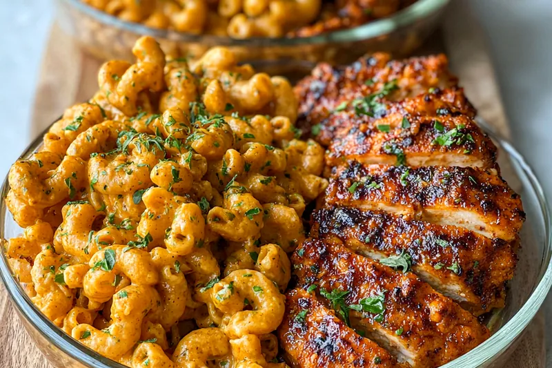 Creamy three-cheese sauce being stirred in a pan while golden chicken thighs rest nearby, showing the cooking process