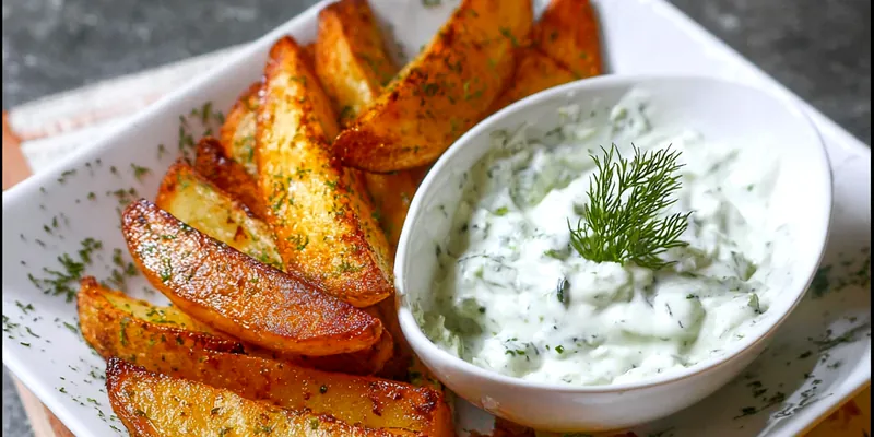 Golden-brown crispy potato wedges with herbs and sea salt, served alongside a bowl of creamy white cucumber dip garnished with fresh dill