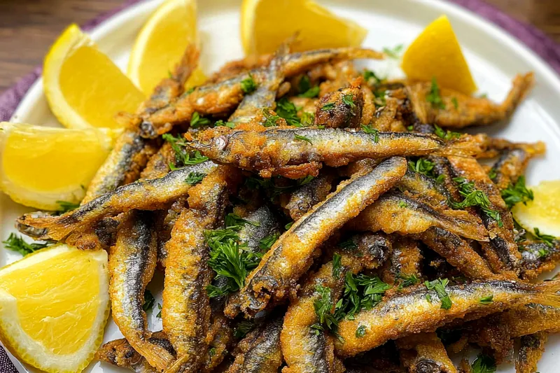 Anchovies being fried in bubbling oil, showing the golden-brown crispy coating forming, with a slotted spoon ready to remove them