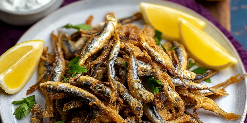 Golden-brown crispy fried anchovies arranged on white platter, garnished with fresh parsley, red onion slices, and sumac, with lemon wedges and Turkish bread alongside