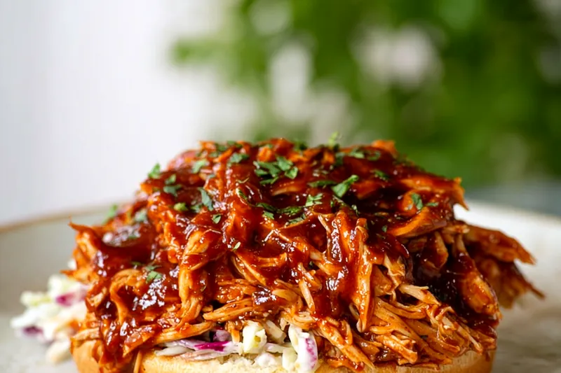 Chicken cooking in slow cooker with rich BBQ sauce, showing the tender, fall-apart texture and glossy, caramelized appearance