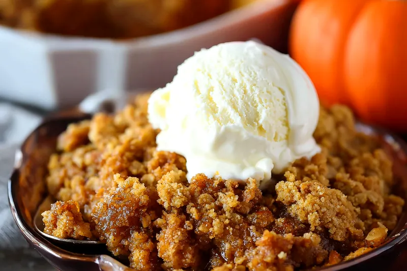 Ingredients for pumpkin crisp including pumpkin puree, spices, oats, flour, butter, and cream arranged on a marble countertop