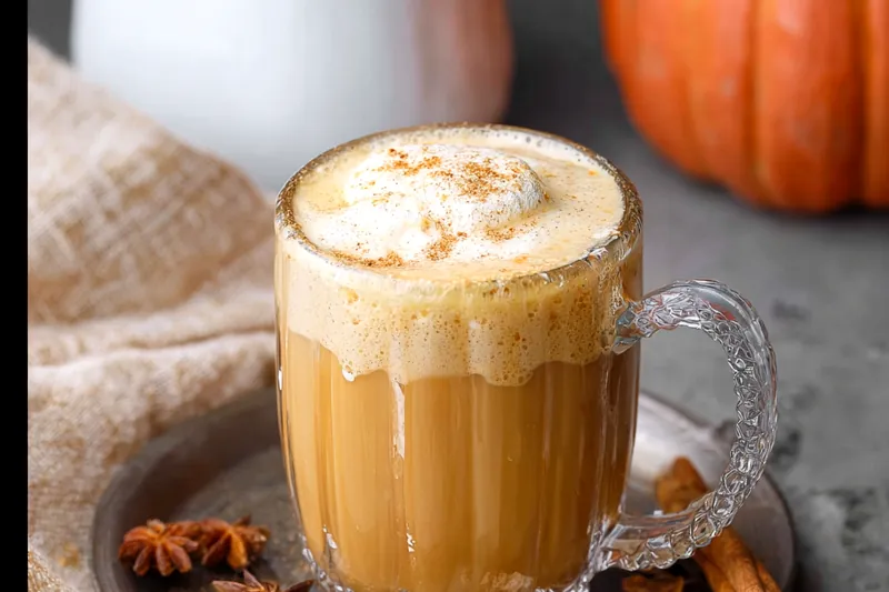 Ingredients for spiced pumpkin milk including pumpkin puree, milk, maple syrup, cinnamon, nutmeg, and other warm spices arranged on a rustic wooden surface