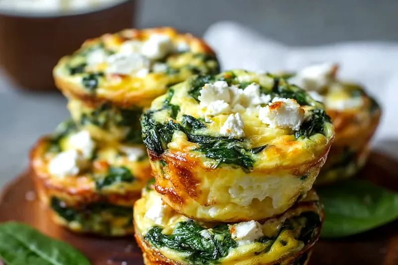 Egg muffin batter being poured into greased muffin cups, showing proper 3/4 full level and even distribution of spinach and vegetables