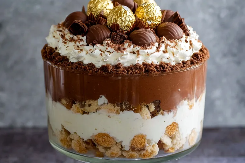 Step-by-step assembly of Ferrero Rocher trifle showing layering technique with chocolate custard and hazelnut cream in glass bowl