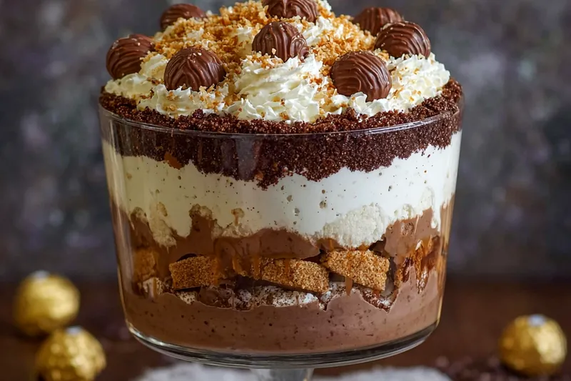 Luxurious ingredients for Ferrero Rocher trifle including chocolates, hazelnuts, mascarpone, and cream arranged on marble surface