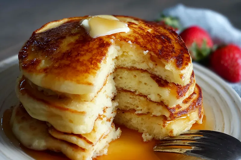 Golden-brown pancakes cooking on a griddle with bubbles forming on the surface, showing perfect cooking technique