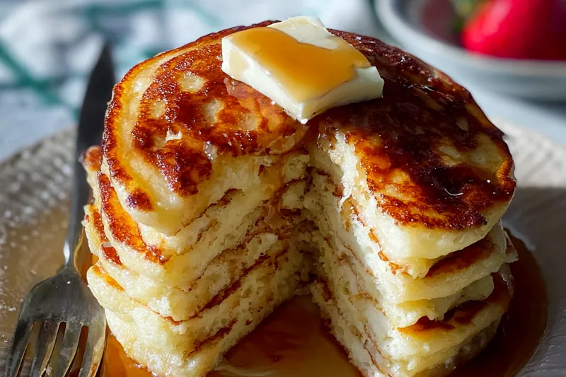 Flour, buttermilk, eggs, butter, and other pancake ingredients arranged on a rustic wooden table with measuring cups