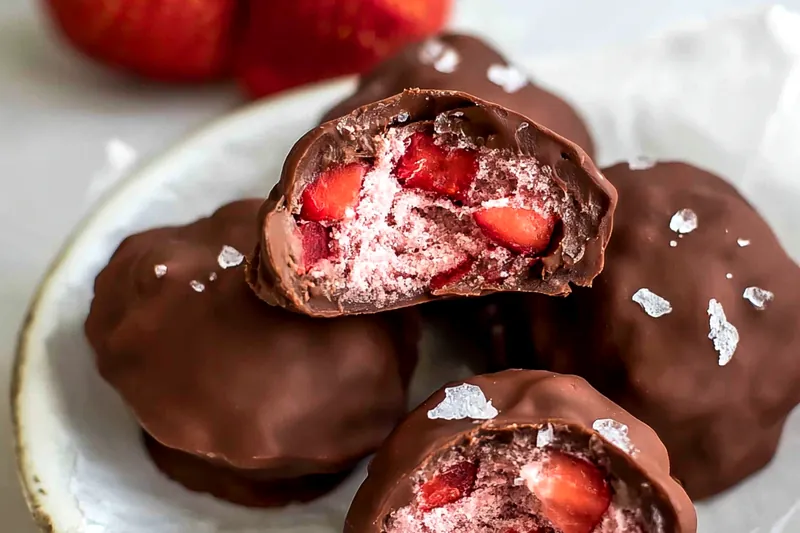 Strawberry pieces being dipped in creamy Greek yogurt mixture, with some already coated pieces on a parchment-lined baking sheet