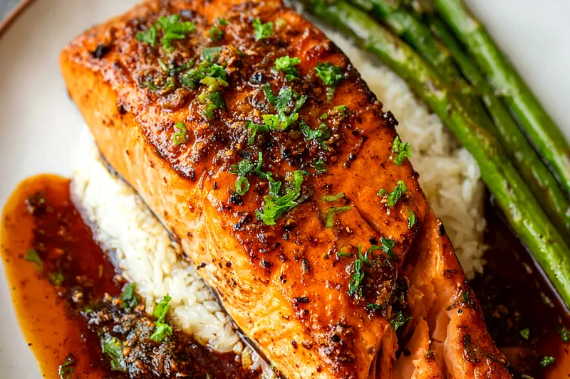 Ingredients for brown sugar soy sauce salmon including fresh salmon fillets, soy sauce, brown sugar, garlic, ginger, and Asian seasonings arranged on a wooden board