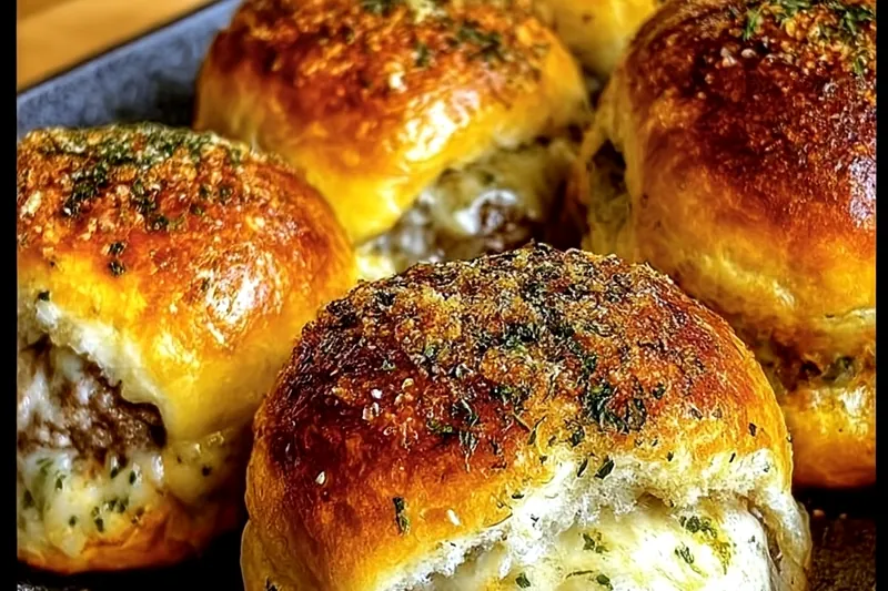 Ingredients for garlic parmesan cheeseburger including ground beef, fresh garlic, Parmesan cheese, brioche buns, and fresh herbs arranged on a marble surface