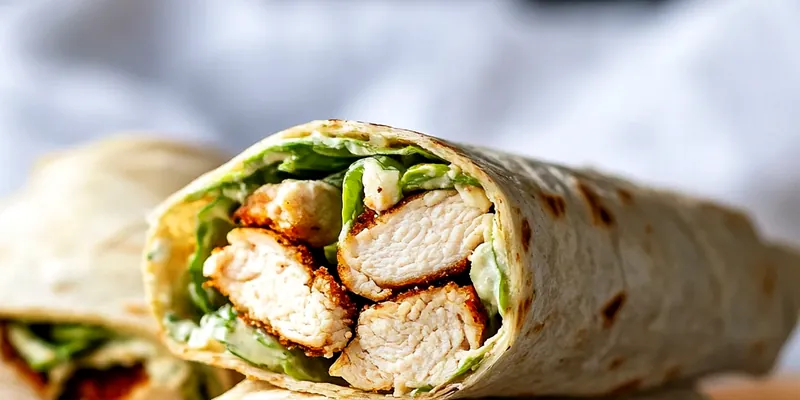 Chicken caesar wraps cut in half showing grilled chicken, crisp lettuce, and parmesan cheese wrapped in flour tortillas, served on a white plate