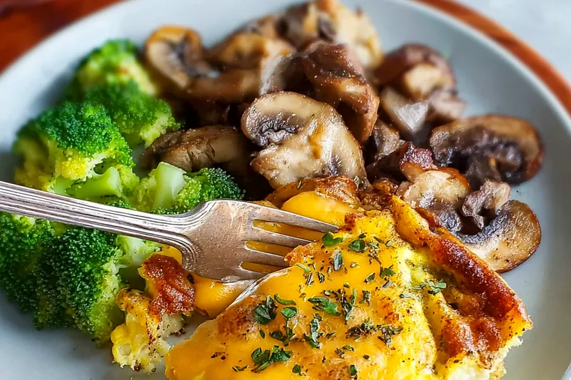 Keto breakfast casserole in baking dish showing golden-brown top with melted cheese, vegetables, and sausage visible through the set eggs