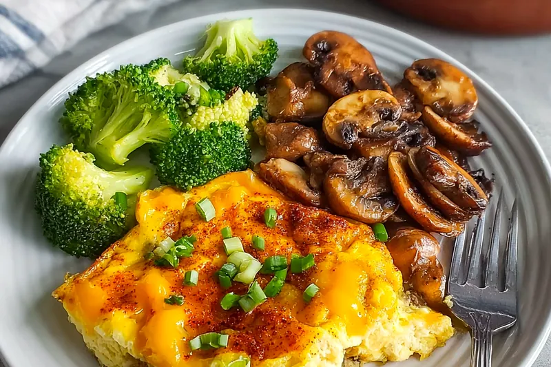 Keto breakfast casserole ingredients including eggs, heavy cream, sausage, cheese, and low-carb vegetables arranged on kitchen counter