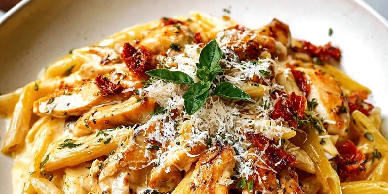 Creamy marry me chicken pasta with golden chicken pieces, sun-dried tomatoes, and fresh basil in a rich cream sauce, served in an elegant bowl