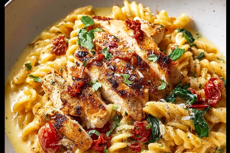 Fresh ingredients for marry me chicken pasta including chicken breasts, sun-dried tomatoes, heavy cream, garlic, and herbs arranged on a marble countertop