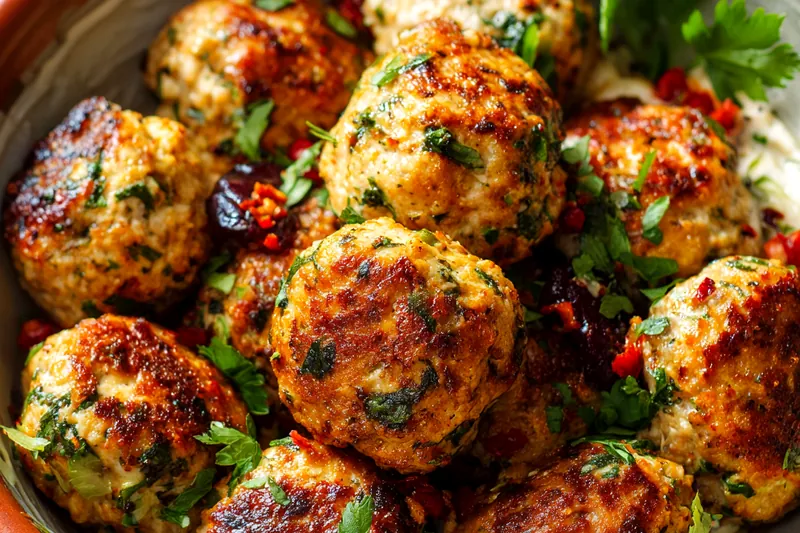 Golden chicken meatballs browning in skillet with bubbling tomato sauce, showing the cooking process with wooden spoon and Mediterranean herbs visible
