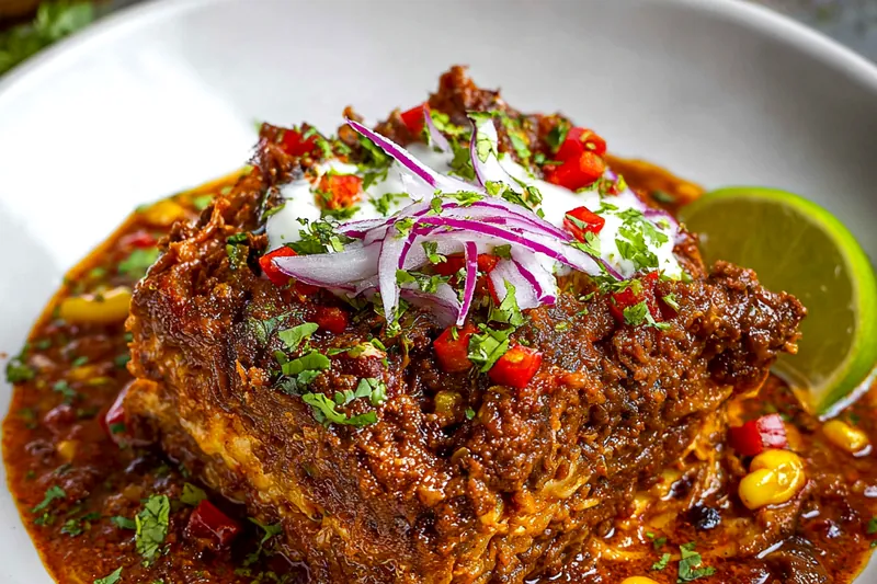 Ingredients for Mexican lasagna including ground beef, flour tortillas, black beans, Mexican cheese blend, bell peppers, and spices arranged on a wooden cutting board