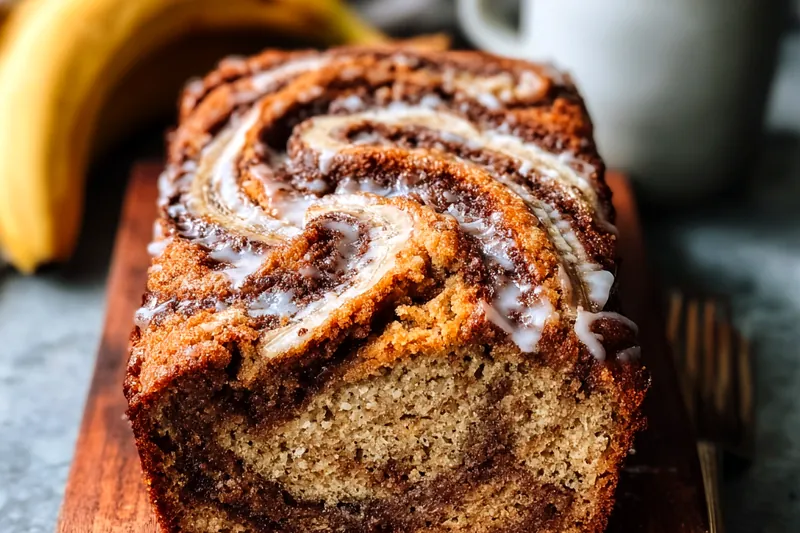 Cinnamon swirl being gently folded into banana bread batter in a loaf pan, showing the marbled pattern before baking