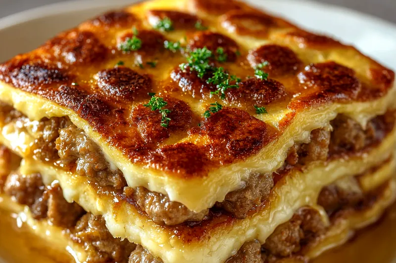 Pancake sausage casserole being assembled in baking dish showing layers of batter, sausage mixture, and cheese before baking