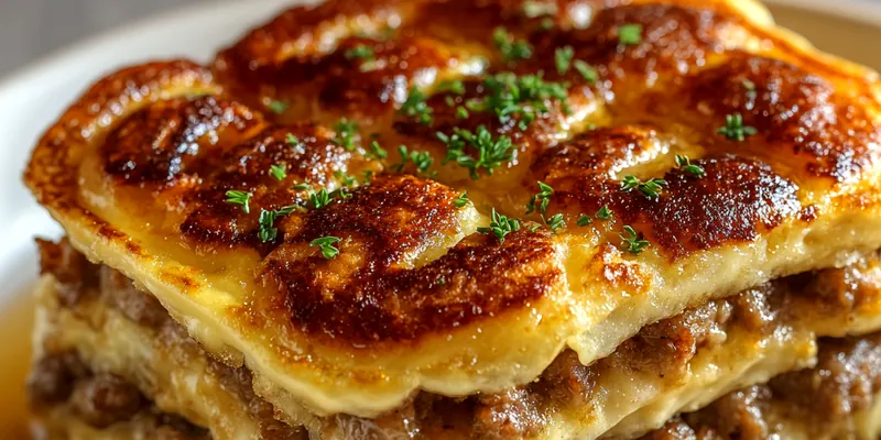 Golden-brown pancake sausage casserole in baking dish with fluffy texture, melted cheese, and fresh chives, served with maple syrup drizzle