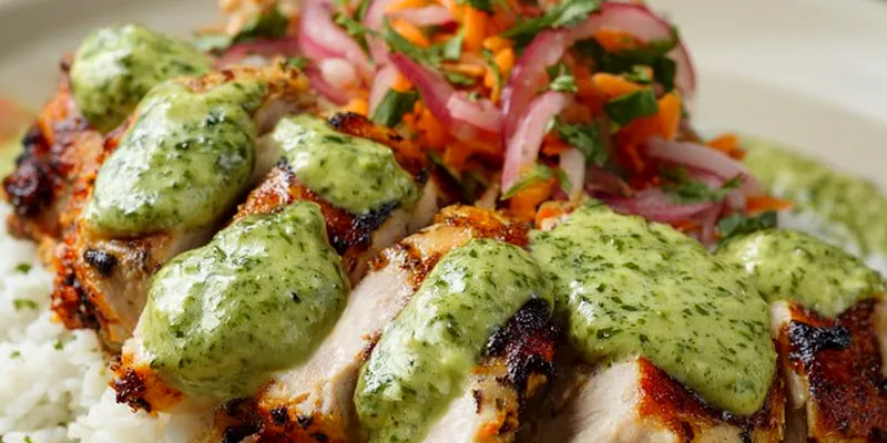 Golden-brown Peruvian chicken pieces nestled in fluffy cilantro-flecked rice with bright green aji verde sauce drizzled on top, garnished with fresh cilantro