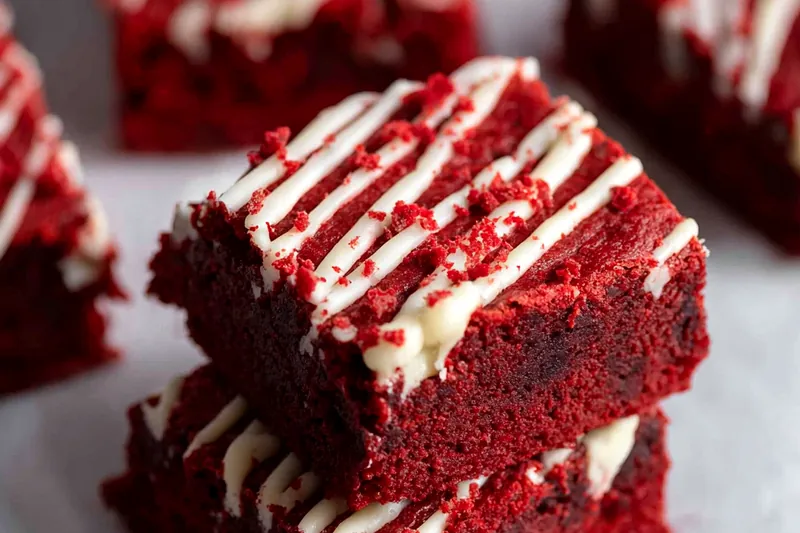 Red velvet brownie batter being poured into a parchment-lined baking pan, showing the vibrant red color and smooth consistency