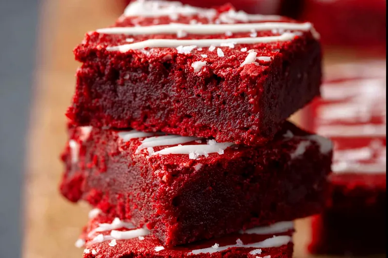 Baking ingredients for red velvet brownies including cocoa powder, red food coloring, buttermilk, and cream cheese arranged on a white marble surface