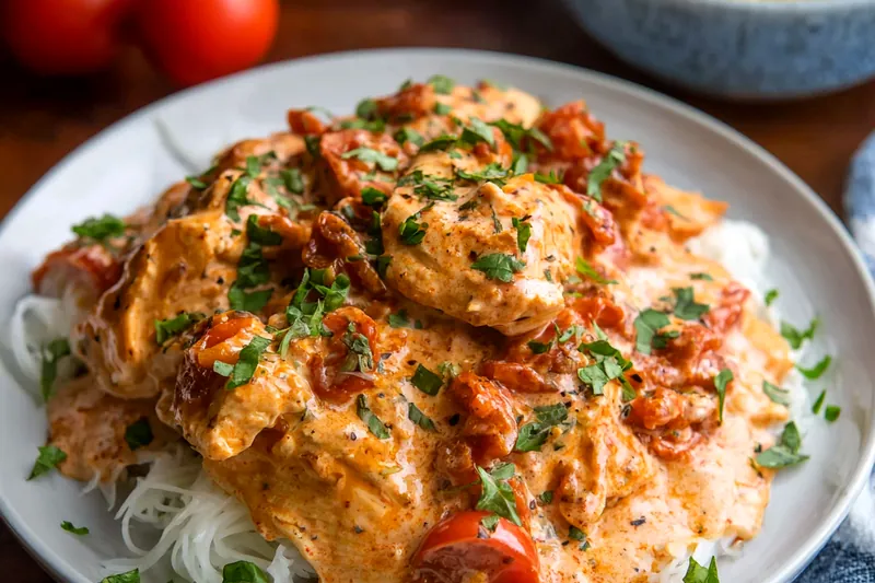 Large pot of tomato soup simmering on stovetop with steam rising, showing the rich orange-red color and thick consistency after slow cooking