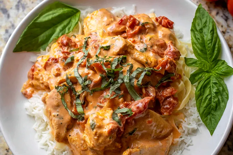 Fresh ripe tomatoes, onions, garlic, herbs, heavy cream, and aromatics arranged on a rustic wooden cutting board with a large soup pot in background