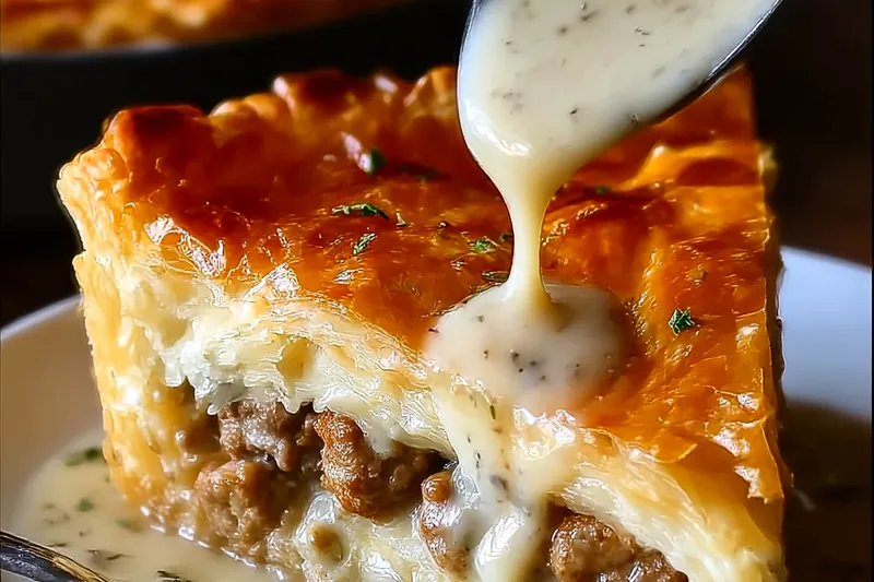 Golden puff pastry pie in the oven showing the beautiful puffed crust and steam vents, with bubbling sausage gravy filling visible