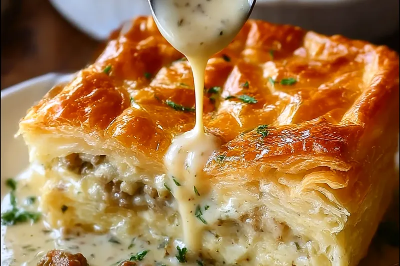 Raw ingredients for sausage gravy puff pie including breakfast sausage, puff pastry sheets, vegetables, and dairy products arranged on rustic wooden board