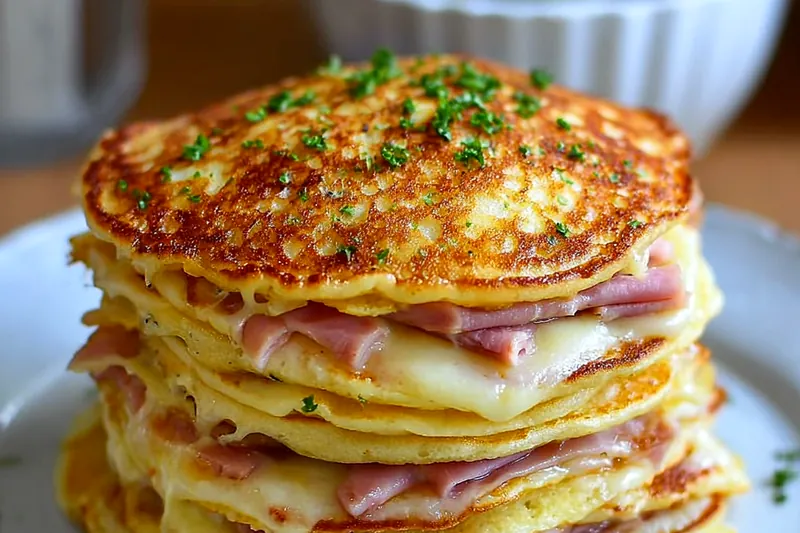 Fresh ingredients for ham and cheese pancakes including flour, eggs, milk, diced ham, shredded cheese, and green onions arranged on a marble counter